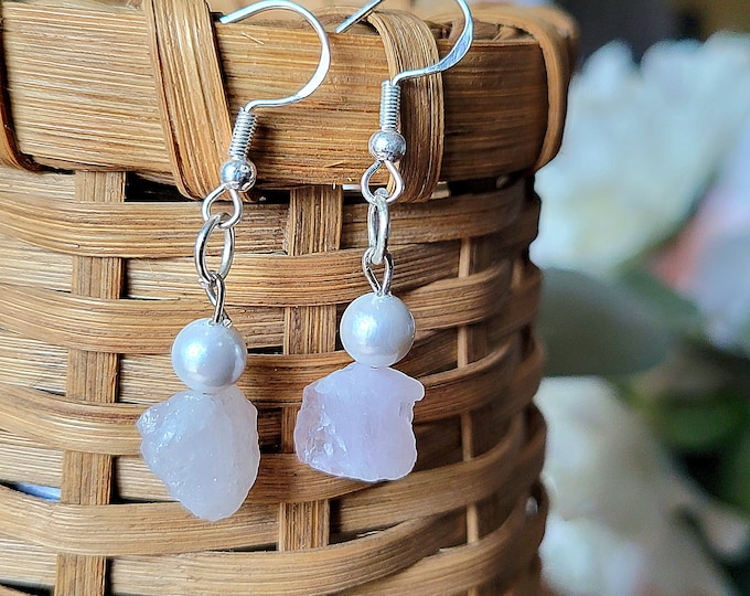 Rose Quartz Earrings | Dangle Drop Earrings | Raw Cut Gemstone Earrings