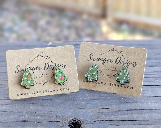 Christmas Tree Studs with Silver or Gold Accent | Hypoallergenic Hand-Painted Wood Earrings