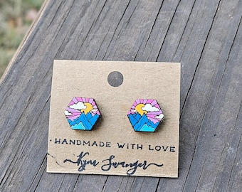 Mountain Sunset Painted Wood Stud Earrings