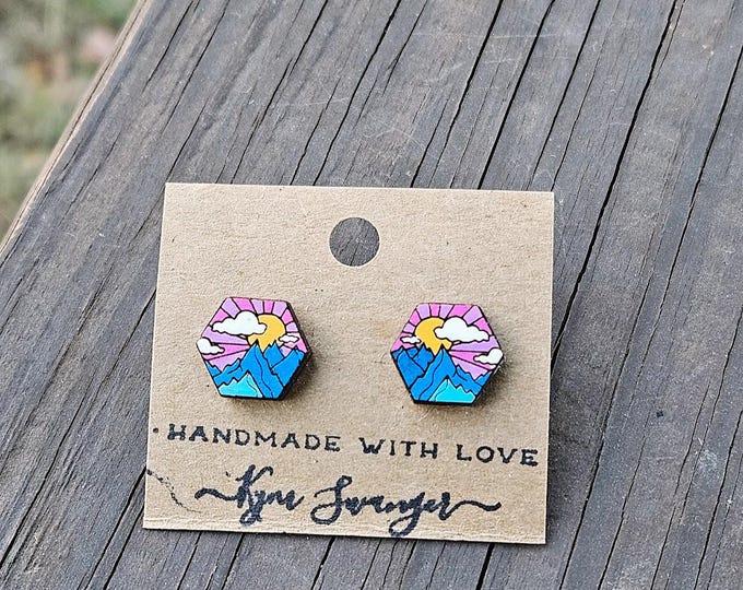 Mountain Sunset Painted Wood Stud Earrings
