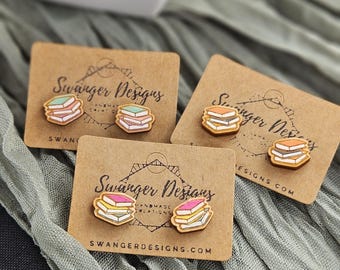 Hand-Painted Book Stack Stud Earrings | Gift for Bookworms