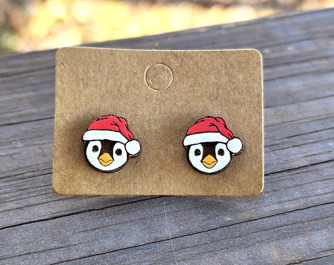 Penguin Studs with Santa Hats | Hypoallergenic Hand-Painted Wood Stud Earrings