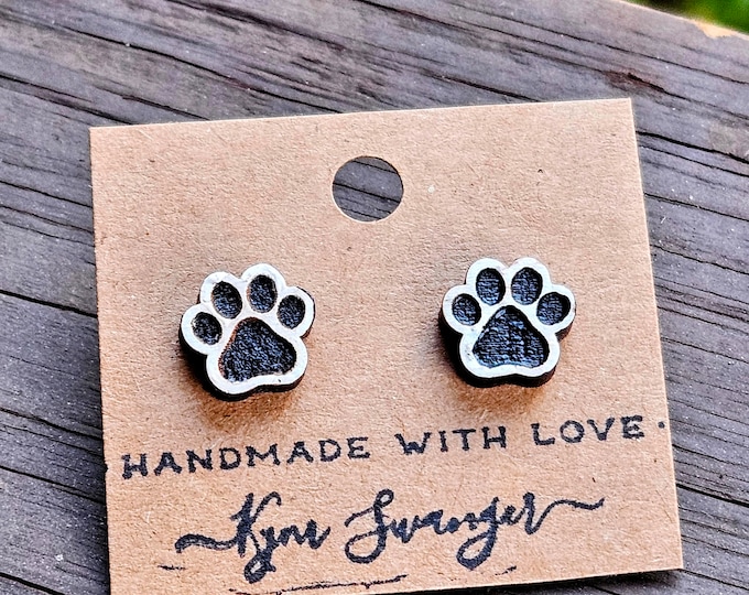 Paw Print Painted Wood Stud Earrings