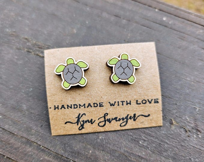 Sea Turtle Painted Wood Stud Earrings