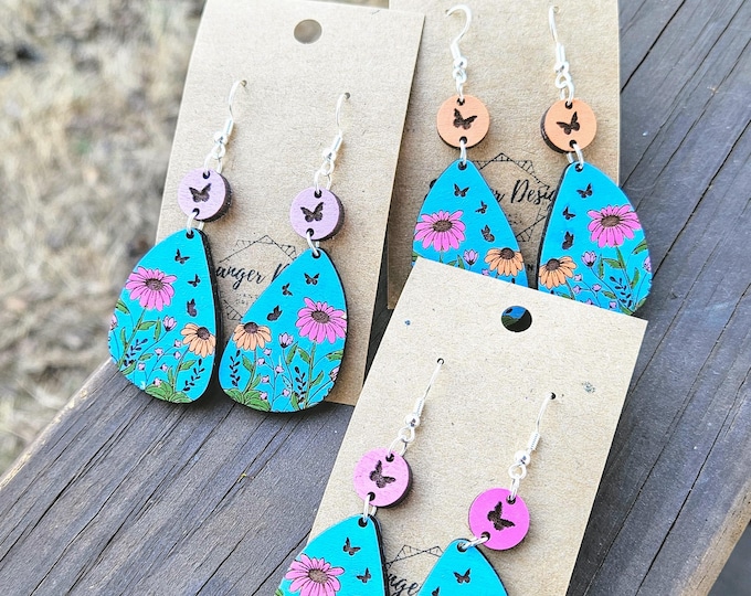 Butterfly Kisses & Daisies Painted Dangle Earrings