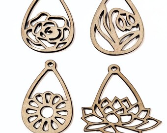 Laser Cut Wooden Flower Sillhouette Dangle Earring Blanks – Floral Statement DIY Jewelry Supply
