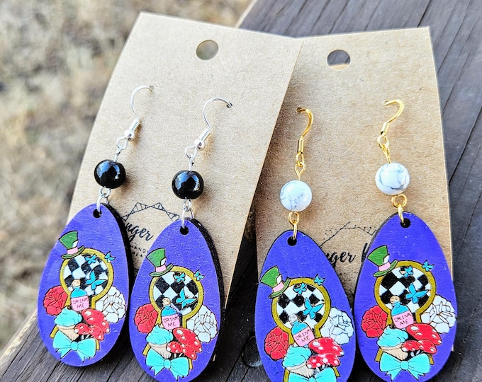 Alice in Wonderland Whimsical Painted Dangle Earrings
