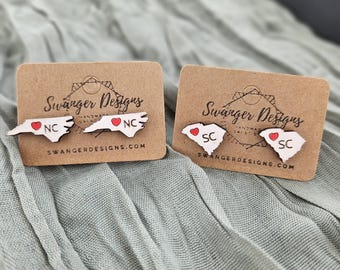 Custom State Stud Earrings | Wood Earrings with Heart Accent, Hypoallergenic Studs