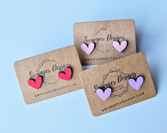 Valentine Heart Painted Wood Stud Earrings | Pink, Purple, or Red