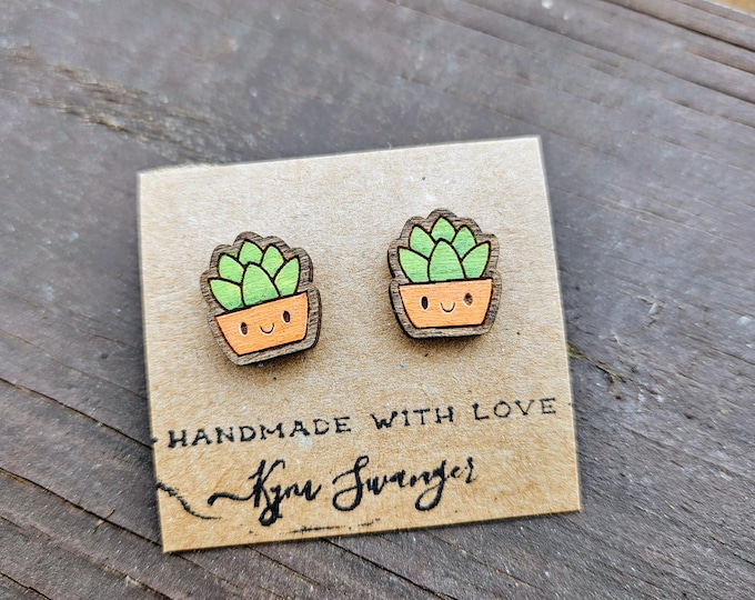 Smiling Succulent Painted Wood Stud Earrings