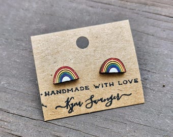 Rainbow Painted Wood Stud Earrings