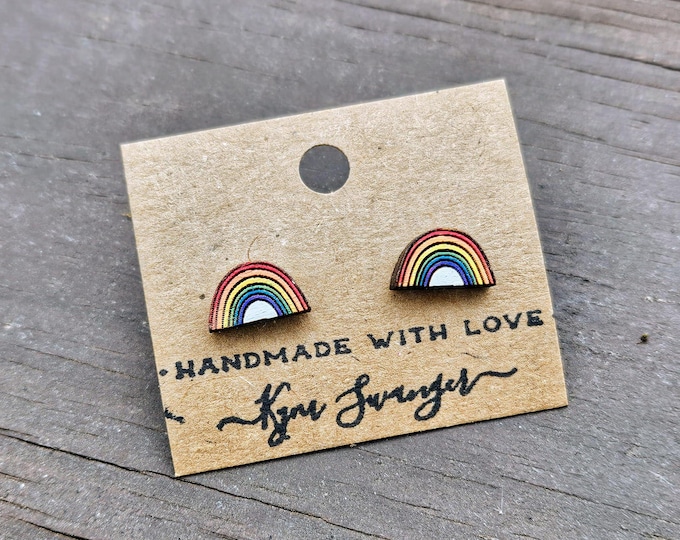 Rainbow Painted Wood Stud Earrings