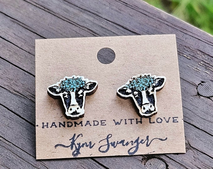 Cow Painted Wood Stud Earrings