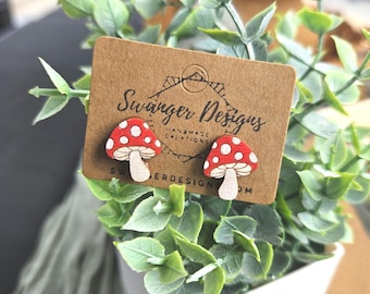 Hand-Painted Wooden Mushroom Stud Earrings | Cottagecore Earrings | Nature Lover Gift | Lightweight Hypoallergenic Wood Jewelry