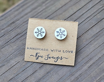 Snowflake Painted Wood Stud Earrings