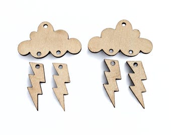 Laser Cut Wooden Lightning & Cloud Dangle Earring Blanks – 3pc Statement DIY Jewelry Supply