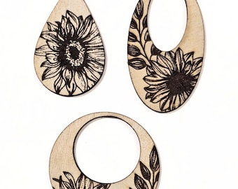 Laser Cut Wooden Sunflower Dangle Earring Blanks – Floral Statement DIY Jewelry Supply