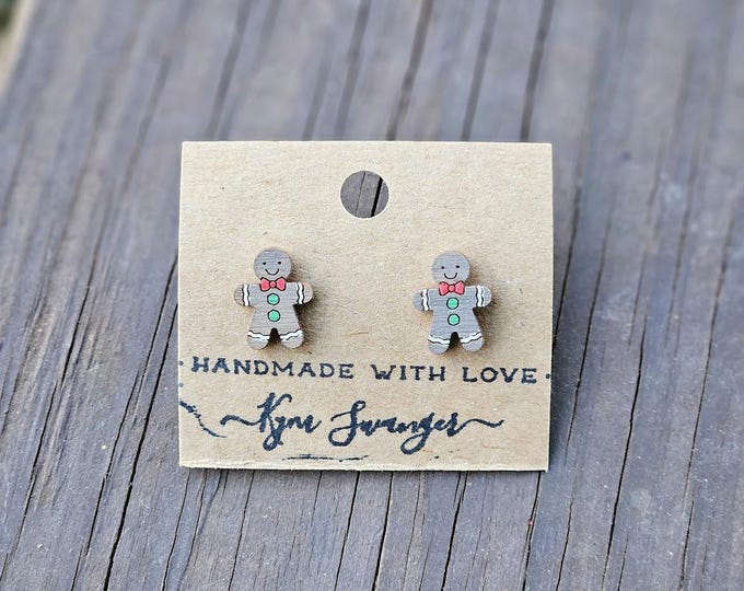 Gingerbread Man Painted Wood Stud Earrings