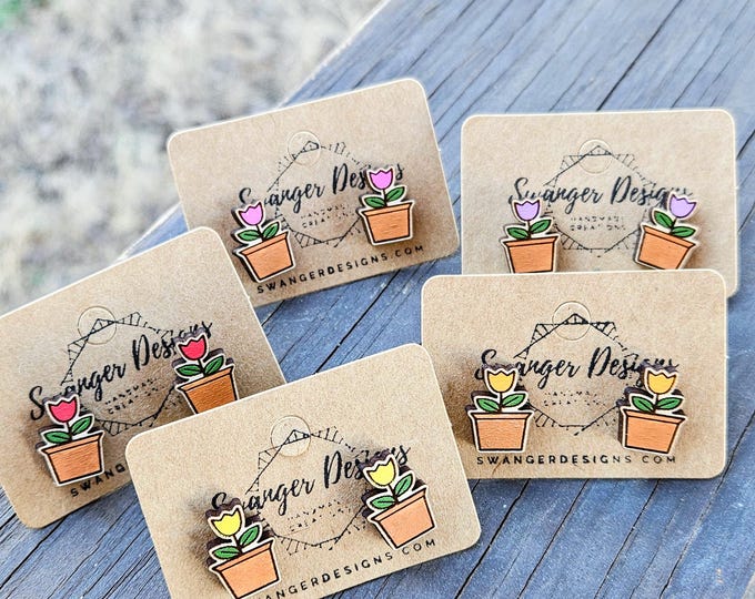 Tulips Painted Wood Stud Earrings