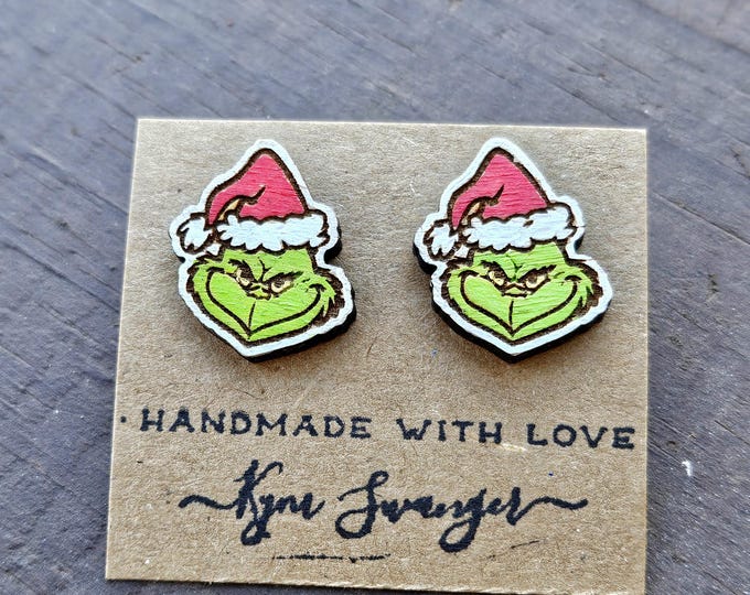 Grinch Santa Hat Wood Studs | Hypoallergenic Hand-Painted Earrings