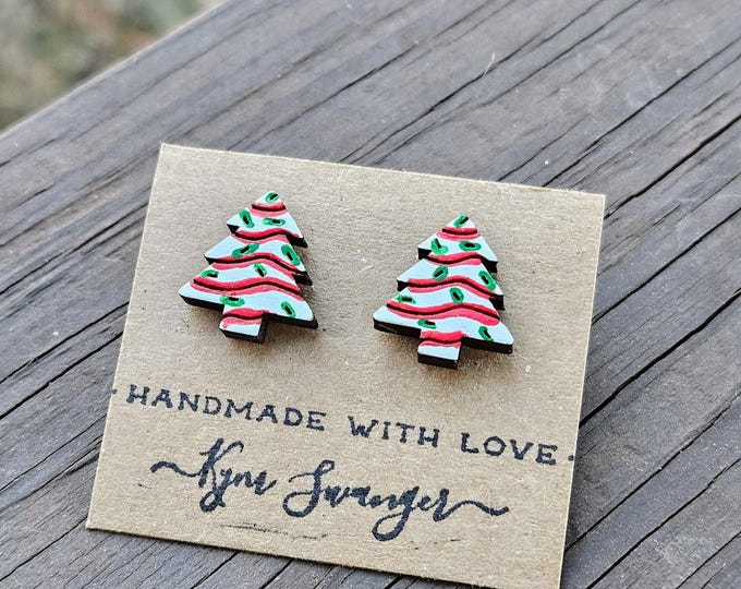 Christmas Tree Cake Painted Wood Stud Earrings