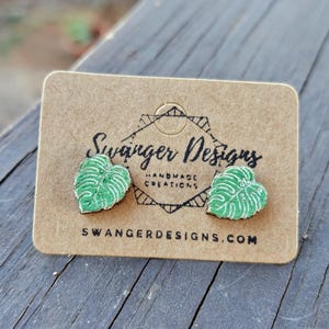 Monstera Leaf Painted Wood Stud Earrings