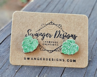 Monstera Leaf Painted Wood Stud Earrings