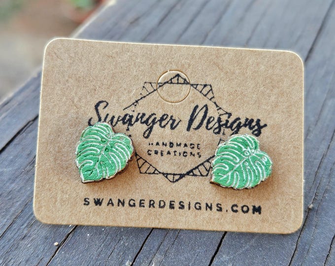Monstera Leaf Painted Wood Stud Earrings