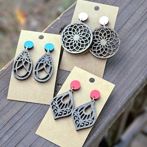 Mandala Dangle Wood Earrings | Walnut-Stained with Customizable Stud Colors