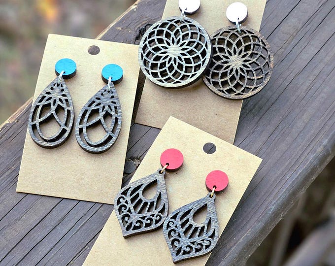 Mandala Dangle Wood Earrings | Walnut-Stained with Customizable Stud Colors