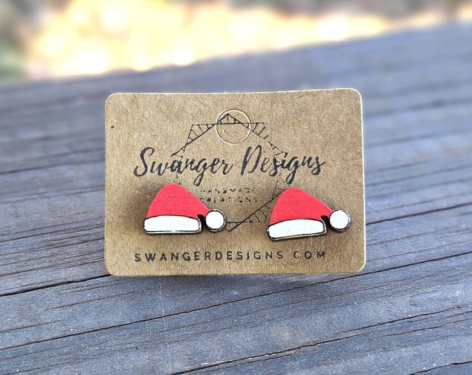 Santa Hat Christmas Stud Earrings | Hypoallergenic Hand-Painted Wood Earrings