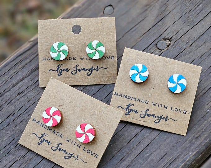 Peppermint Painted Wood Stud Earrings