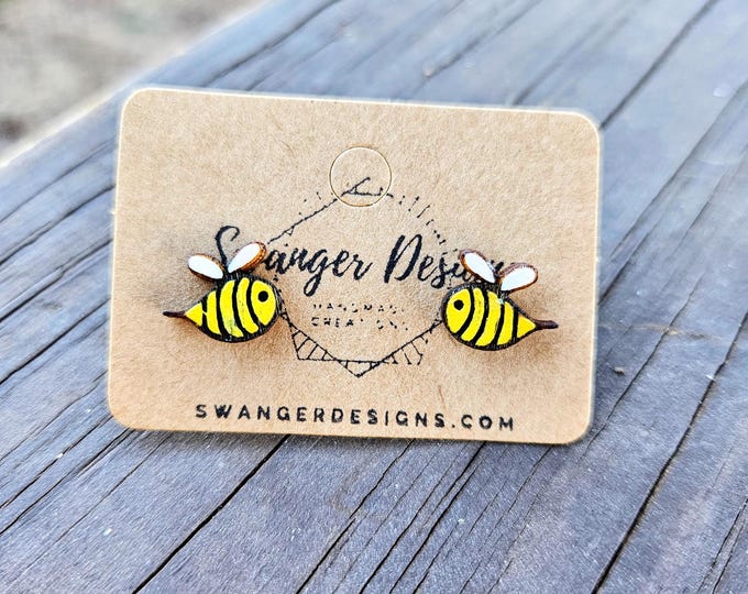 Bumble Bee Painted Wood Stud Earrings