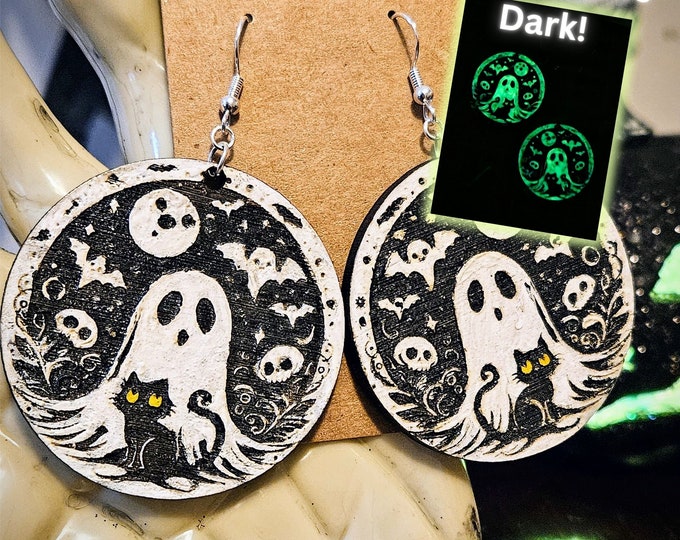 Ghost and Cat Round Wood Painted Dangle Earrings | Glow-in-the-Dark Halloween Earrings