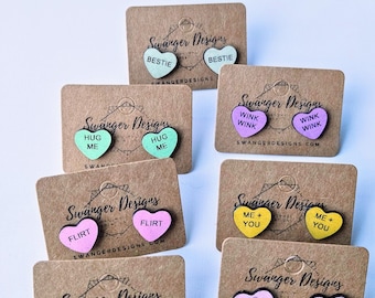 Valentine Candy Hearts Painted Wood Stud Earrings | Choose Your Message