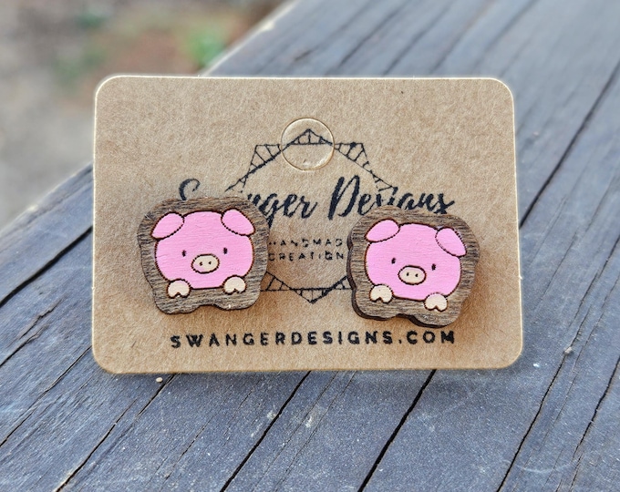 Pig Painted Wood Stud Earrings