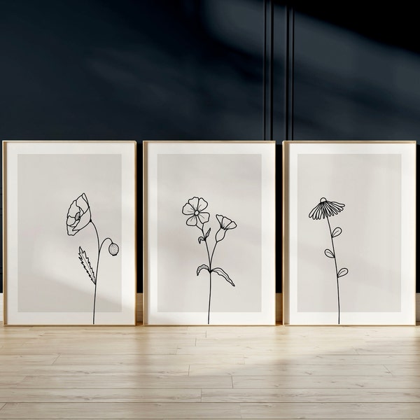 3 florale Poster | Schwarze Blumen | Pflanzen Farben: weiß und beige | 3er Set | Flower | Wildblumen | Blumendrucke | digital download pdf