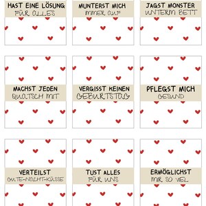 May include: Nine printable gift tags with a red heart pattern and a white background. Each tag has a different phrase in brown text, such as "Hast eine L&ouml;sung f&uuml;r alles" and "Munterst mich immer auf".
