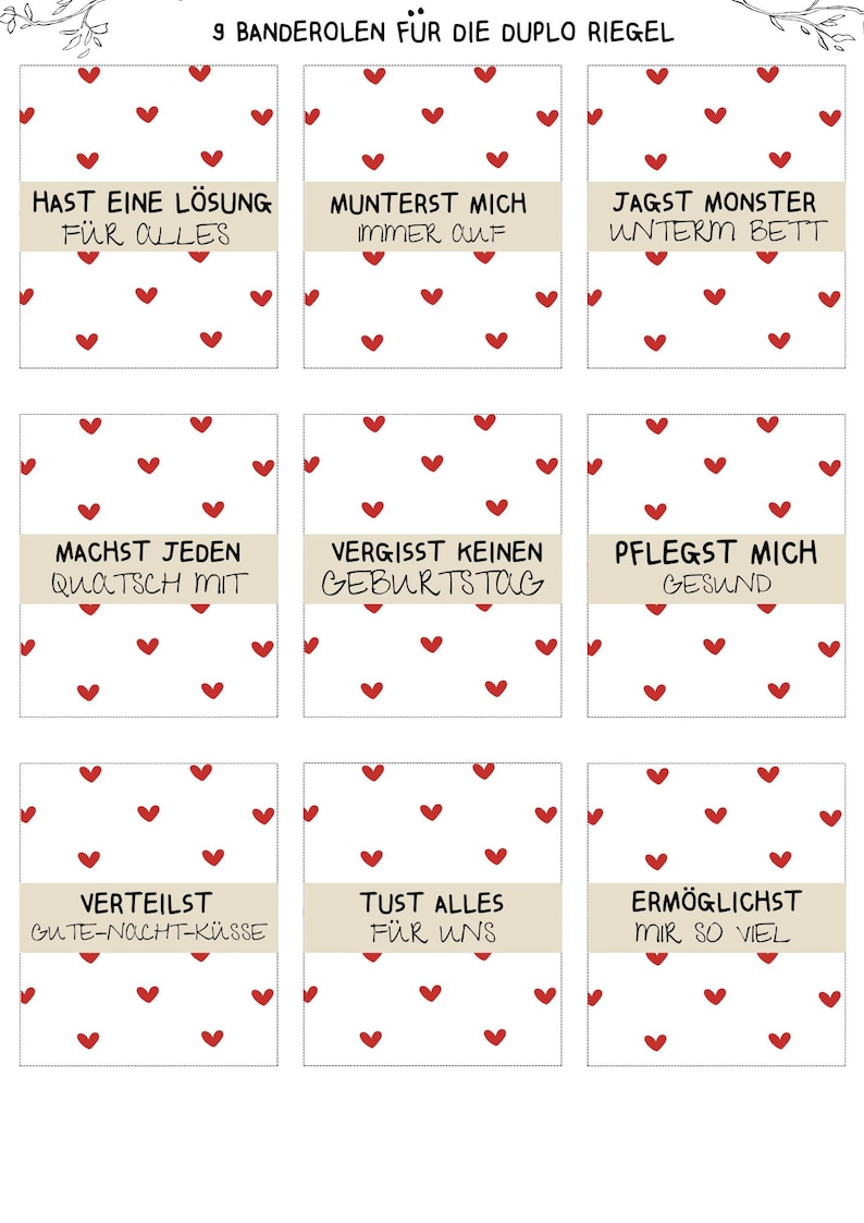 May include: Nine printable gift tags with a red heart pattern and a white background. Each tag has a different phrase in brown text, such as "Hast eine L&ouml;sung f&uuml;r alles" and "Munterst mich immer auf".