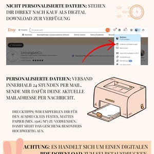 K&ouml;nnte beinhalten: Ein digitaler Produktdownload f&uuml;r ein druckbares Design. Das Bild zeigt einen Computerbildschirm mit einem Etsy-Angebot, einen Drucker und eine Warnung, dass das Produkt ein digitaler Download ist. Der Text auf dem Bildschirm lautet "Digitates Produkt zum Download" und "NICHT PERSONALISIERTE DATEIEN: STEHEN DIR DIREKT NACH KAUF ALS DIGITAL DOWNLOAD ZUR VERF&Uuml;GUNG".