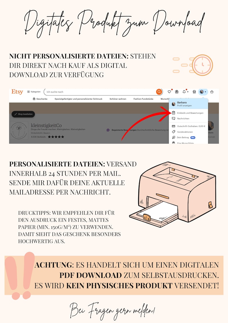 K&ouml;nnte beinhalten: Ein digitaler Produktdownload f&uuml;r ein druckbares Design. Das Bild zeigt einen Computerbildschirm mit einem Etsy-Angebot, einen Drucker und eine Warnung, dass das Produkt ein digitaler Download ist. Der Text auf dem Bildschirm lautet "Digitates Produkt zum Download" und "NICHT PERSONALISIERTE DATEIEN: STEHEN DIR DIREKT NACH KAUF ALS DIGITAL DOWNLOAD ZUR VERF&Uuml;GUNG".
