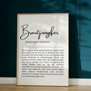 May include: A printable poster with a black and white design. The poster features the German word "Brautjungfer" which means "bridesmaid" in English. The text below the word defines the word as a noun. The poster also includes a quote about a bridesmaid's role in a wedding.