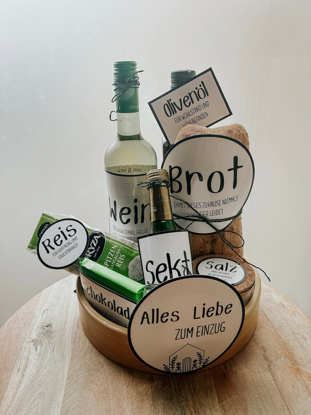 Dictien Brotkorb 2er Set - Einzugsgeschenk Mit Brot, Salz, Wein Aufklebern