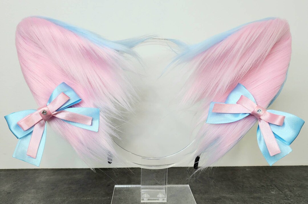 Cotton Candy Pink and Blue Cat Ear Headband With Clip on Pink and Blue