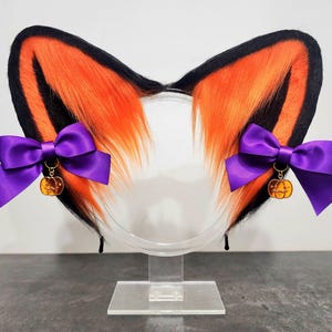 Pumpkin Spice Cat Ears- Orange and Black Cat Ear Headband. Purple Satin Bows with pumpkin resin charms.