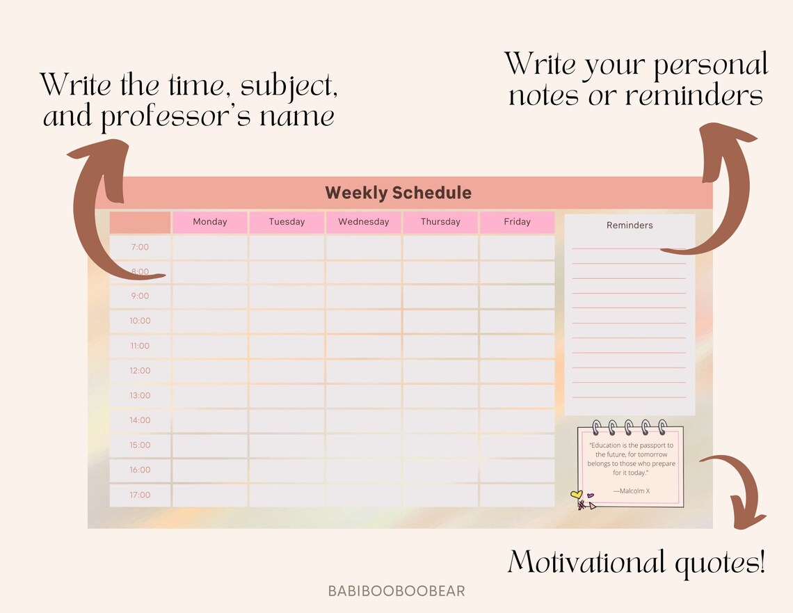 PRINTABLE Timetable Schedule, Weekly Study Planner, Students, Work From ...