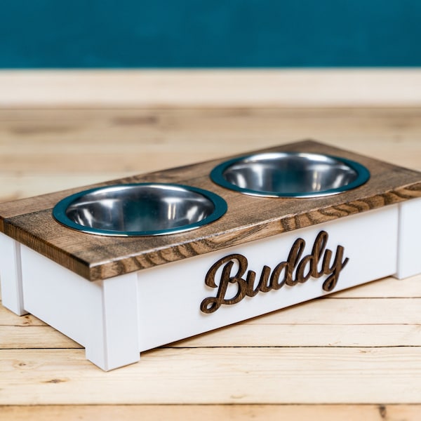 Personalized Solid Wood Dog Bowl Stand with Stainless Steel Bowls