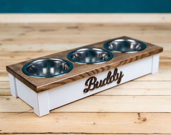 Soporte para cuencos para perros pequeños personalizado, tres cuencos, hecho a mano, cuenco elevado para perros, regalo para mascotas