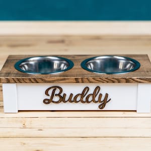 Personalized Solid Wood Dog Bowl Stand with Stainless Steel Bowls