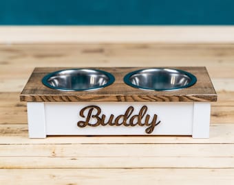 Personalized Solid Wood Dog Bowl Stand with Stainless Steel Bowls